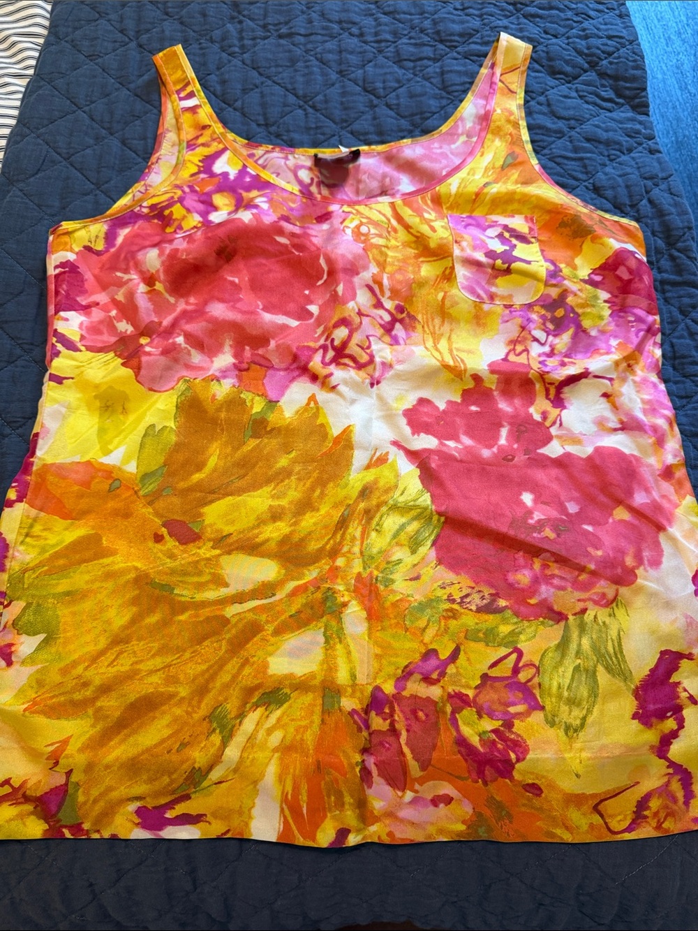 J crew 100% silk Floral Scoop-Neck Tank Top in Yellow & Pink